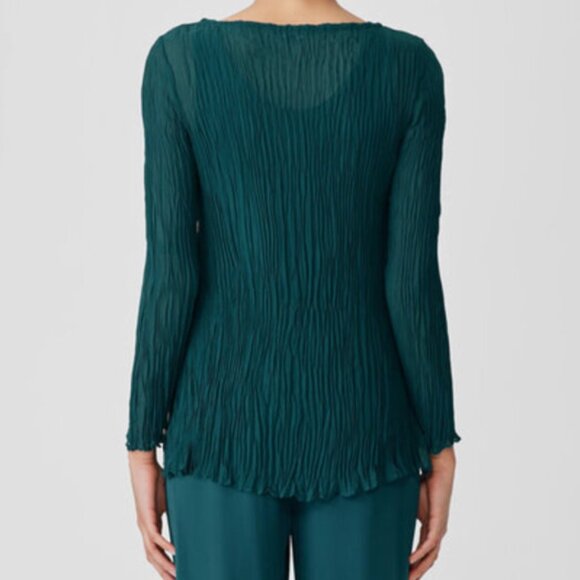 Eileen Fisher | Crinkled Sheer Silk Georgette Bateau Neck Long Top Aegean Green - Picture 4 of 12